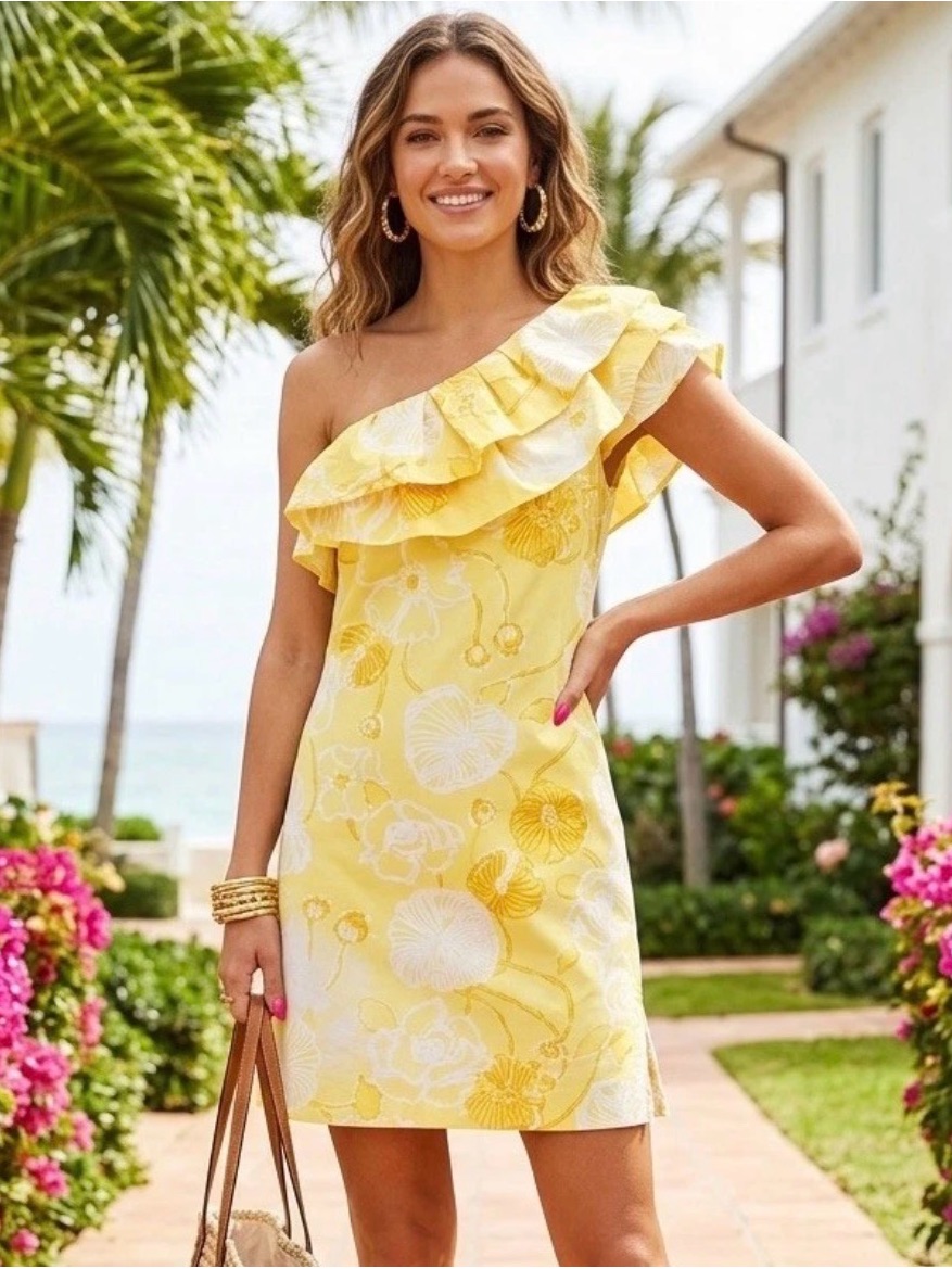 Lilly Pulitzer Sandra One Shoulder Ruffle Dress Yellow Floral Summer Cotton Sz 6